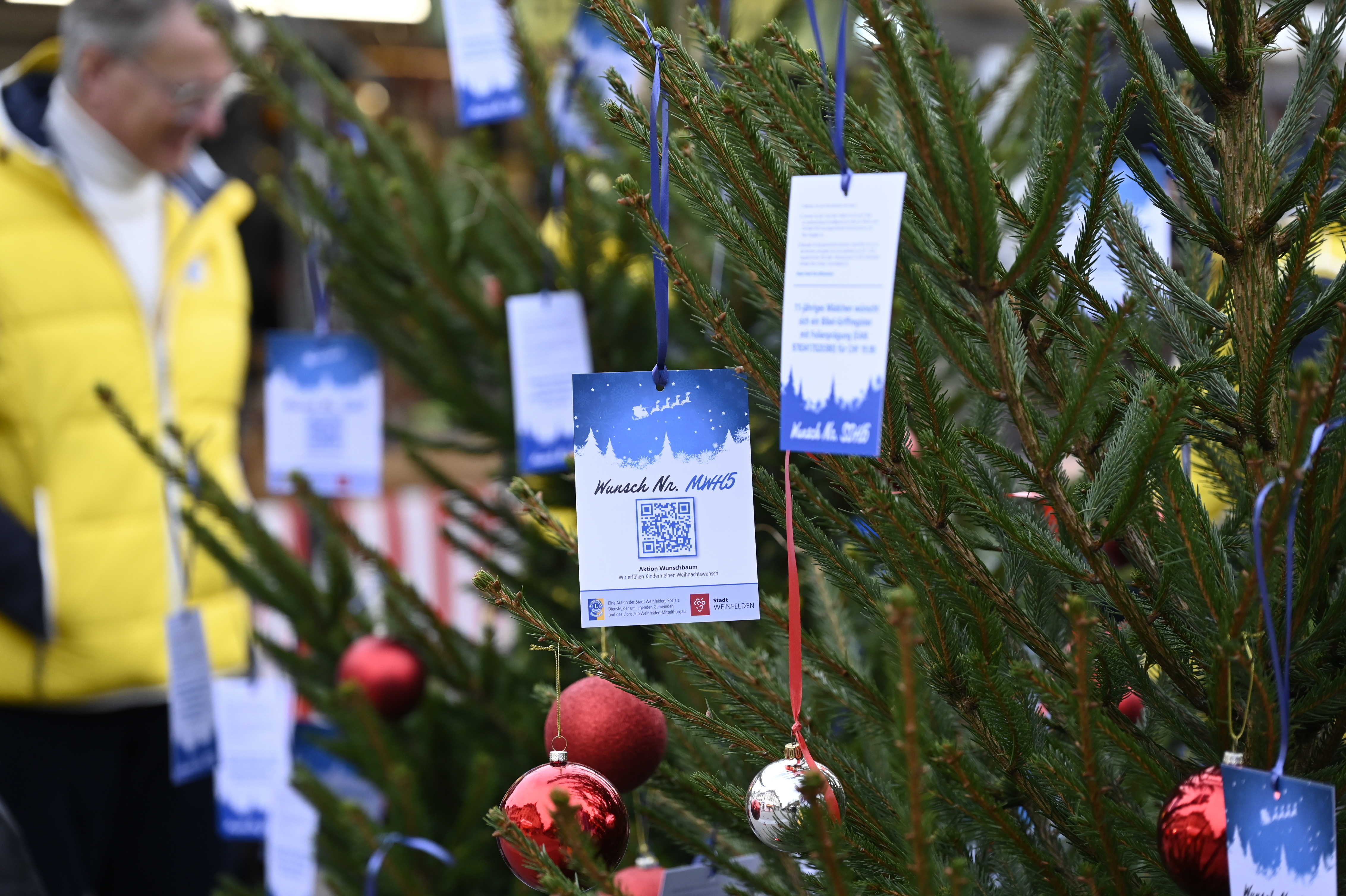 Da hingen noch Wüsche: Eines der Tännchen der Aktion «Wunschbaum» am Weinfelder Herbstmarkt. (Bild: Stadt Weinfelden)